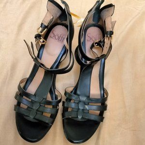 Sofft Double Ankle Strap Back Zipper, Open Toe Heeled Shoes Sandals Leather 8M